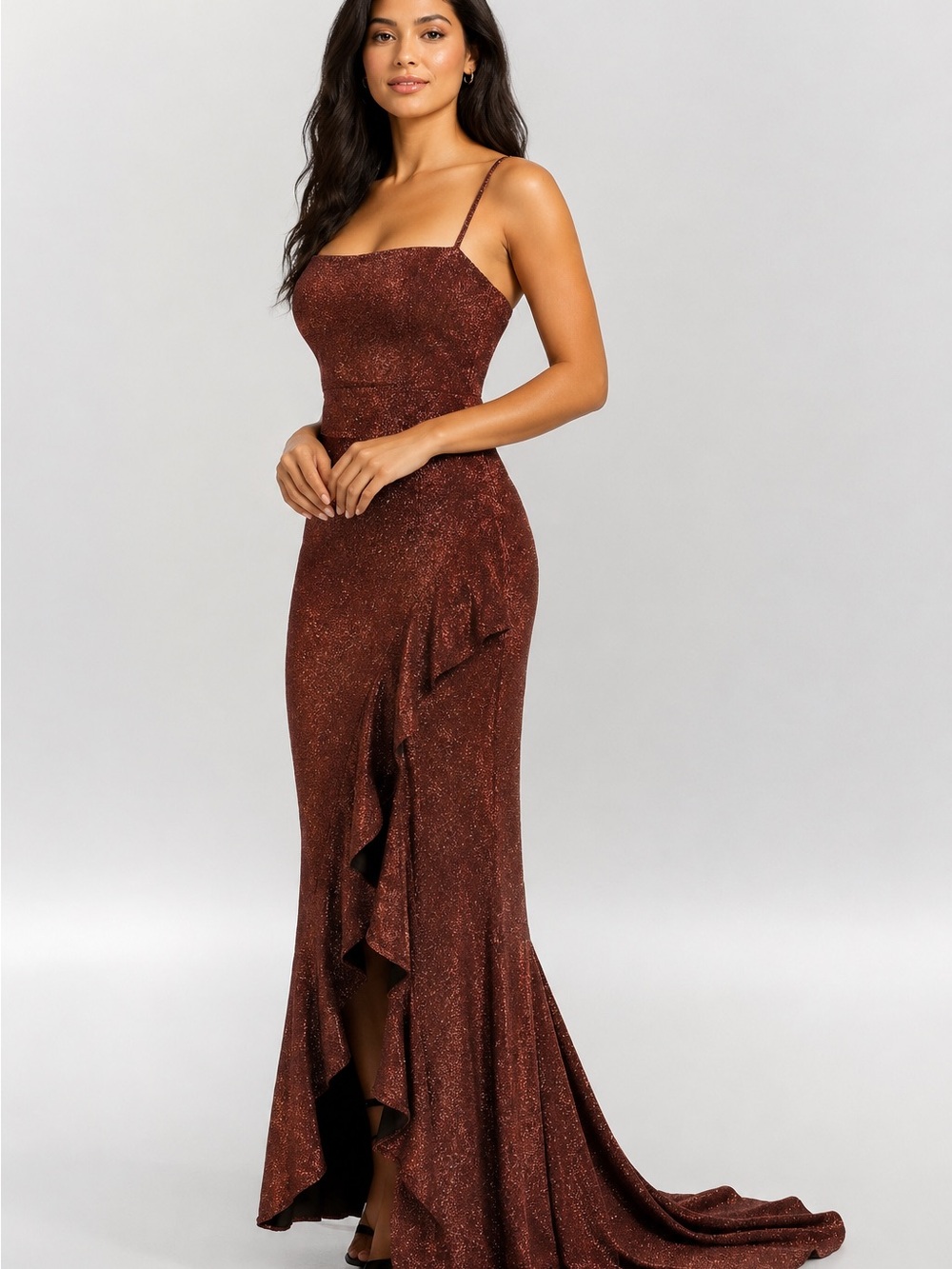 Crystal Doll Copper Sparkle One-Shoulder Evening Gown